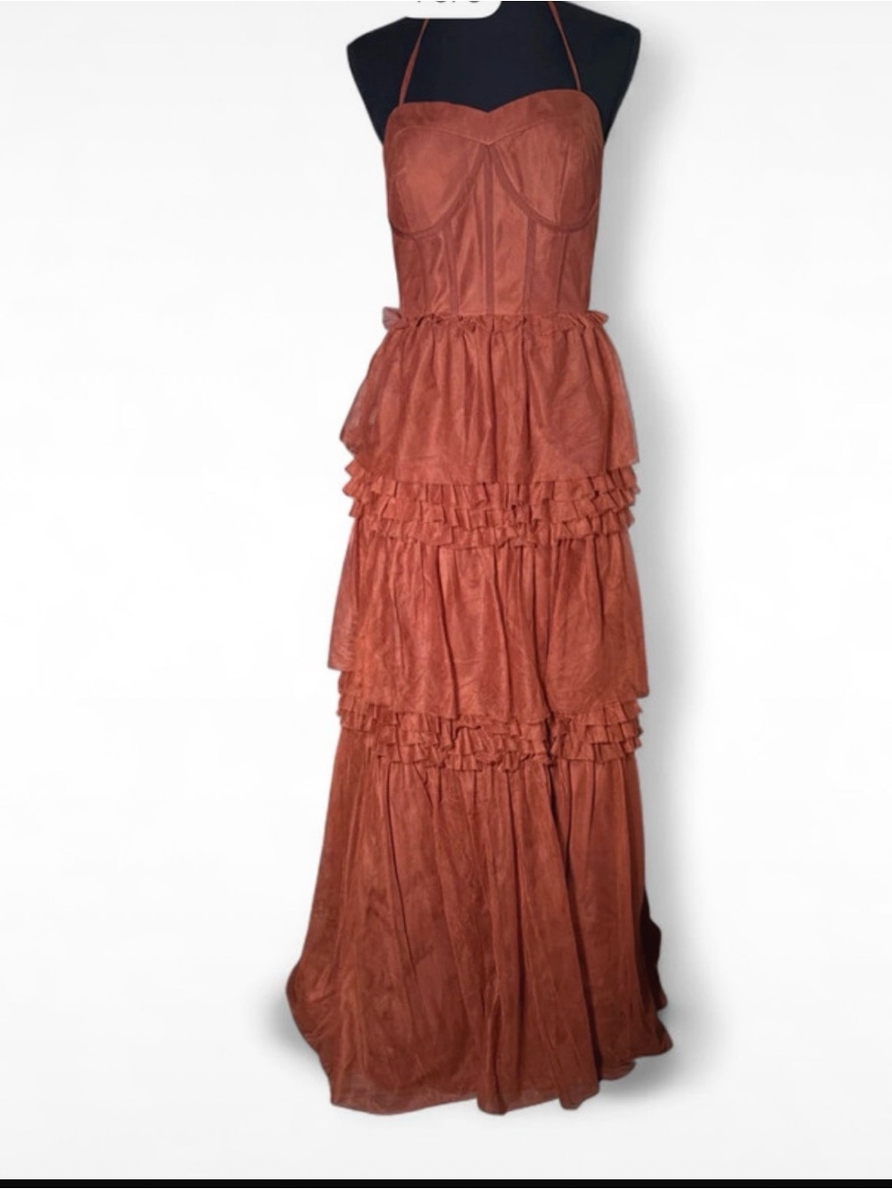 Revelry Rust-Tone Halter Tiered Ruffle Maxi